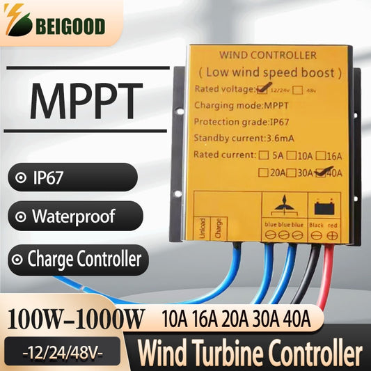 Controlador de carga de turbina eólica MPPT 10A 40A Regulador de baja velocidad del viento Aumento de voltaje 12V 24V 48V Sistema a prueba de agua