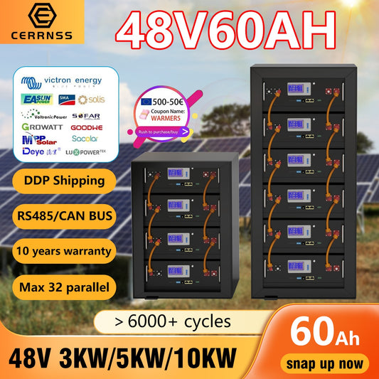 LiFePO4 48V 3KW Batteriepack 51,2V 60AH Lithium-Solarbatterie 6000+ Zyklen RS485 CAN BUS DDP Versand für Wechselrichter 48V Batterie