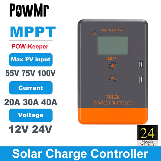 Controlador de carga solar MPPT 12V 24V AUTO Regulador de bateria 40A 30A 20A Max PV 100V 75V 50V Display LCD Carregamento USB duplo