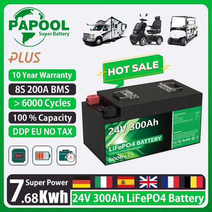 LiFePO4 24V 300Ah 200Ah 100Ah Battery Pack - 6000 Cycles 25.6V 7680Wh 8S 200A BMS RV Golf Cart Rechargeable Lithium Battery No Tax