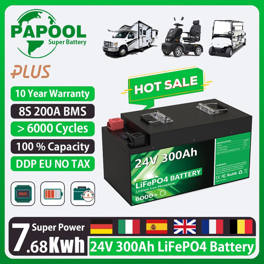 Paquete de batería LiFePO4 24V 300Ah 200Ah 100Ah - 6000 ciclos 25.6V 7680Wh 8S 200A BMS RV Carrito de golf Batería de litio recargable Sin impuestos