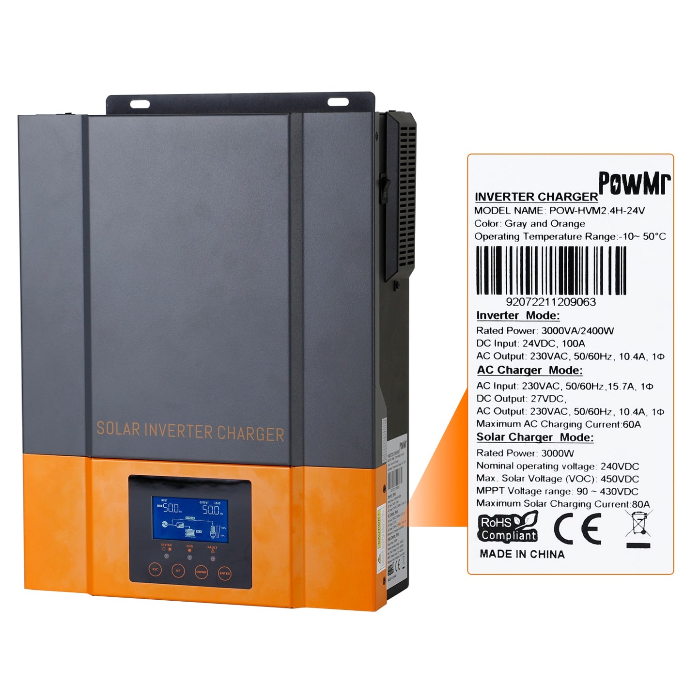 PowMr Hybrid Solar Inverter 1500W 3000W 12V 24V 230V Built-in 80A 100A MPPT Solar Controller PV Max 450V Inversore a onda sinusoidale pura