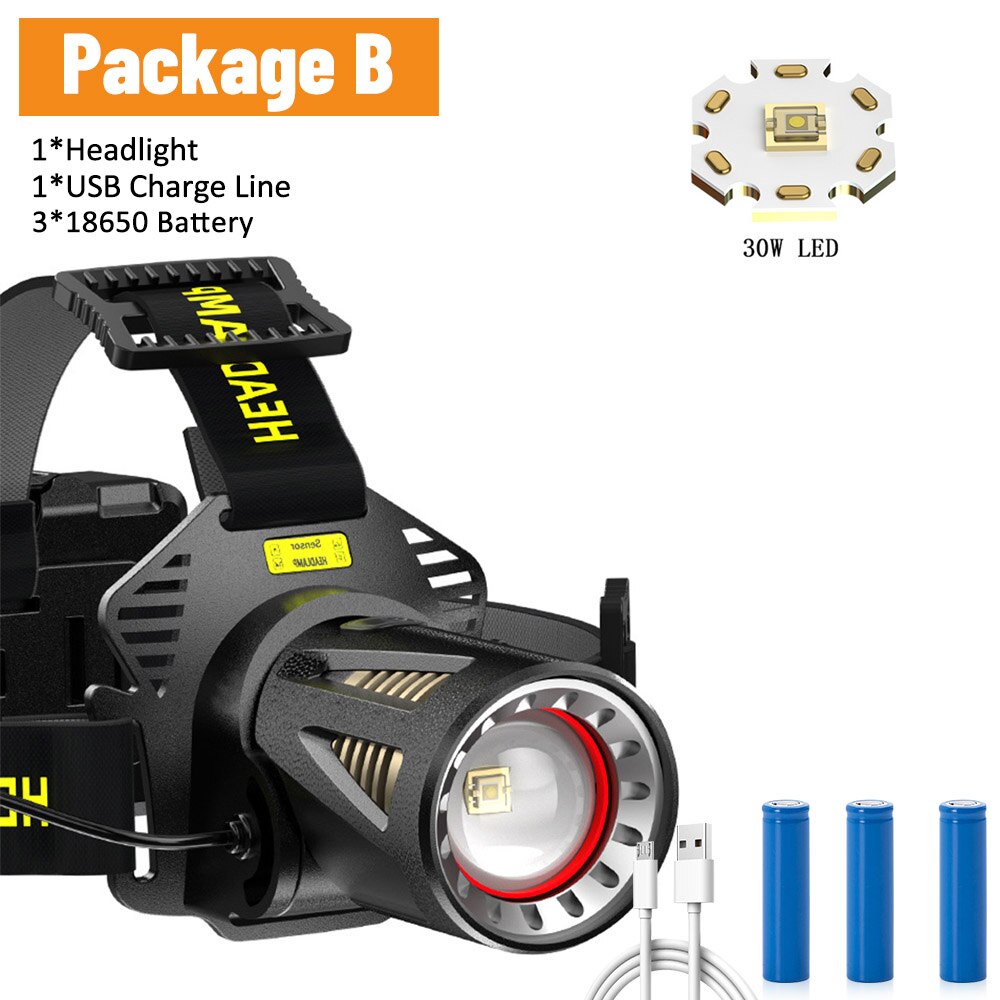 Farol de pesca de alta potência xhp360 farol de luz recarregável acampamento caminhadas lanternas led pode ser usado como um banco de potência