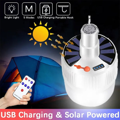 Solar Light Bulb Camping Solar LED Light USB Rechargeable 5Lighting Modes Tent Hanging Bulb for Outdoor Hiking Emergency Outage