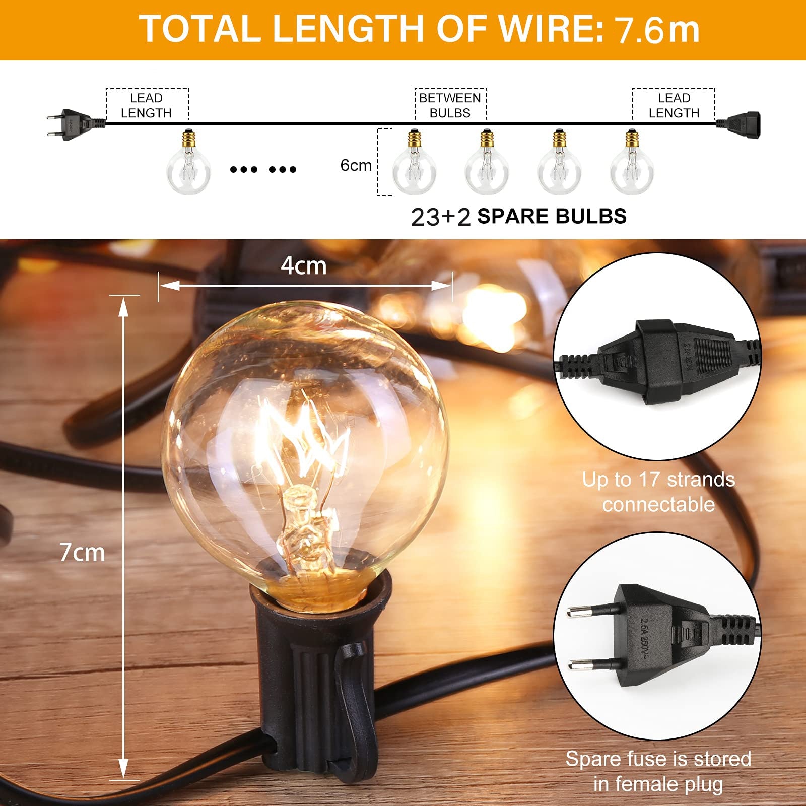 TOTAL LENGTH OF WIRE: 7.6m LEAD