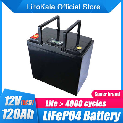 LiitoKala 12 v 120ah capacidade lifepo4 12.8 v bateria solar rv ferro de lítio recarregável com bms para acampamento ao ar livre