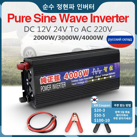 Inverter a onda sinusoidale pura Power Bank Home Car Invert 2000W/3000W/4000W DC 12V 24V a CA 220V Convertitore e inverter solare di tensione