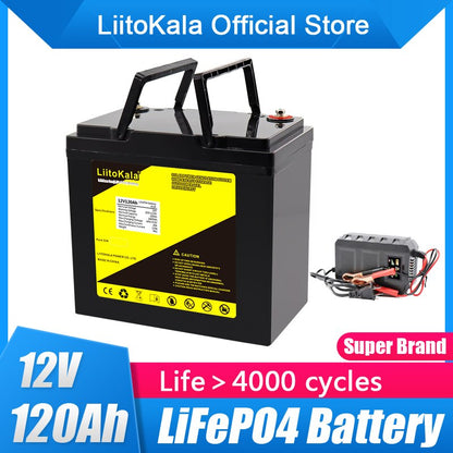 LiitoKala 12 v 120ah capacidade lifepo4 12.8 v bateria solar rv ferro de lítio recarregável com bms para acampamento ao ar livre