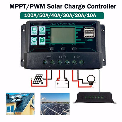 MPPT/PWM Solar Charge Controller 100A/50A/40A/30A/20A/10A 12V 24V Solar Panel Battery Regulator With 2 USB Ports LCD Display