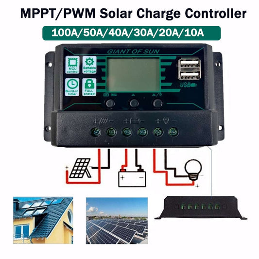 Controlador de carga solar mppt/pwm 100a/50a/40a/30a/20a/10a 12 v 24 v painel solar regulador de bateria com 2 portas usb display lcd