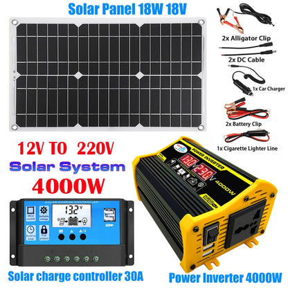 110V/220V Solar Panel System 18V18W Solar Panel+30A Charge Controller+4000W Modified Sine Wave Inverter Kit Power Generation Kit