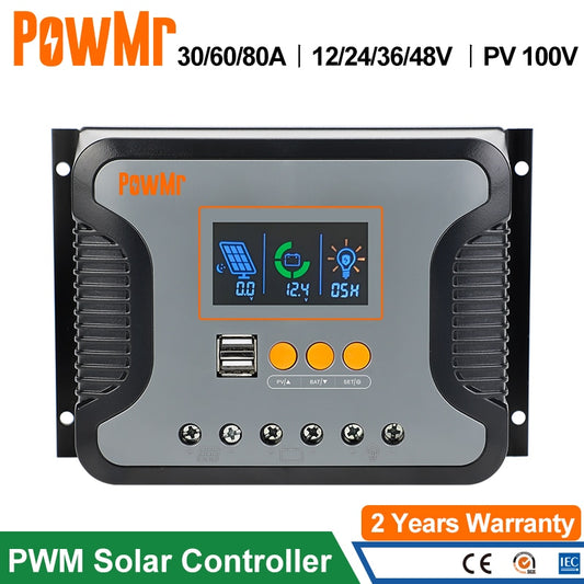 PowMr PWM 30A 60A 80A Controlador de carga solar Trabalho para bateria de 12V 24V 36V 48V Tela LED USB 5A/2A Max PV 100V Operação Slient