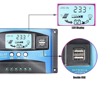 MPPT Solar Controller 30A 40A  50A 60A 100A Dual USB LCD Display 12V 24V Auto Solar Cell Panel Charger Regulator with Load