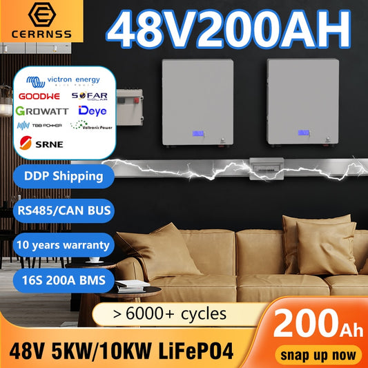 Pacote de bateria Powerwall 48V 200AH 10KW LiFePO4 - 6000+ ciclos com RS485 CAN COM Max 16 paralelos para inversor solar desligado/ligado à rede