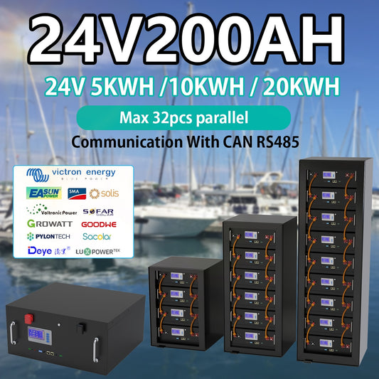 Bateria LiFePO4 24V 5KW - Bateria Solar de Lítio 29,2V 200AH 6000+ Ciclos Max 32 Paralelo Com RS485/CAN Com Para Inversor 24V