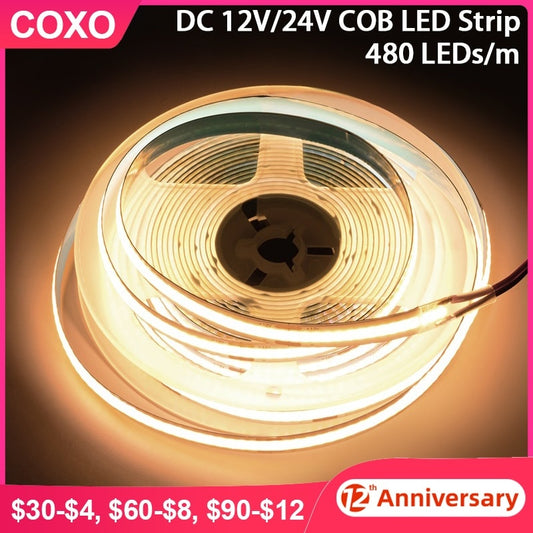 Tira de luces LED COB con certificación UL 320 480 LEDs/m Cinta de cinta flexible de alta densidad de 16.4 pies 3000-6500K Luces LED RA90 DC12V 24V