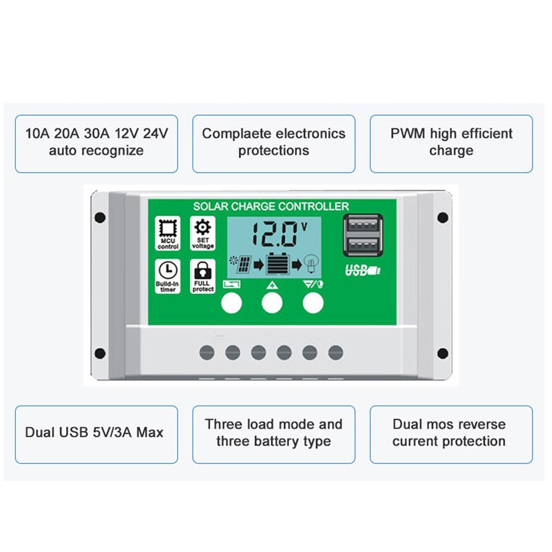 Controlador de carga solar PWM 12V24V 10A20A30A para regulador de cargador de panel de celda fotovoltaica con salida USB dual de 5V