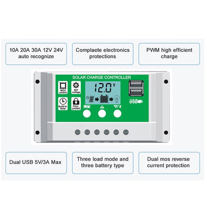 Controlador de carga solar PWM 12V24V 10A20A30A para regulador de carregador de painel de célula fotovoltaica com saída dupla USB 5V