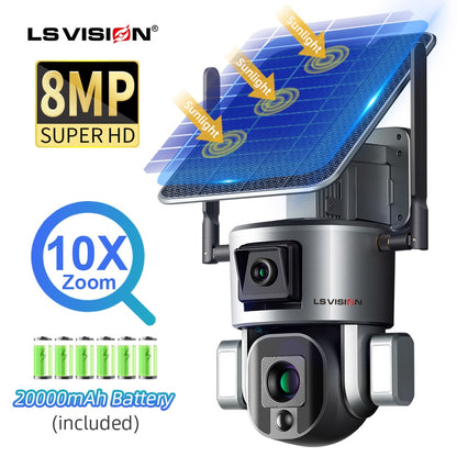 LS VISION LS-MS1-10X Solar Camera - 4K 8MP HD Dual Lens 4G Solar Security Camera Outdoor 4X 10X Optical Zoom WiFi Camera Auto Tracking Waterproof CCTV Cam