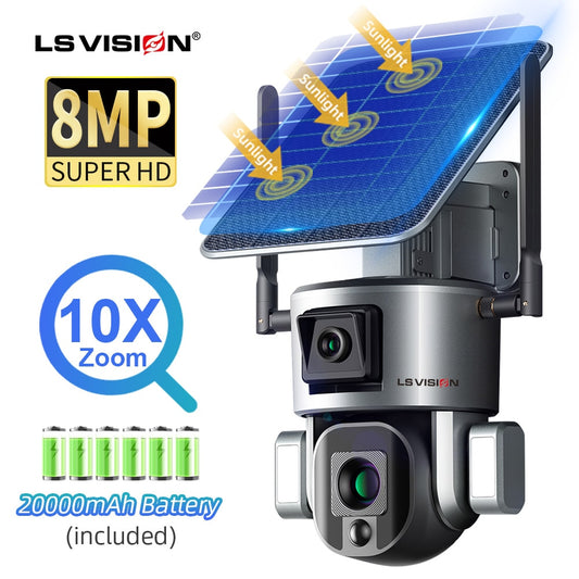 LS VISION LS-MS1-10X Caméra Solaire - 4K 8MP HD Double Objectif 4G Caméra de Sécurité Solaire Extérieure 4X 10X Zoom Optique Caméra WiFi Suivi Automatique Caméra CCTV Étanche