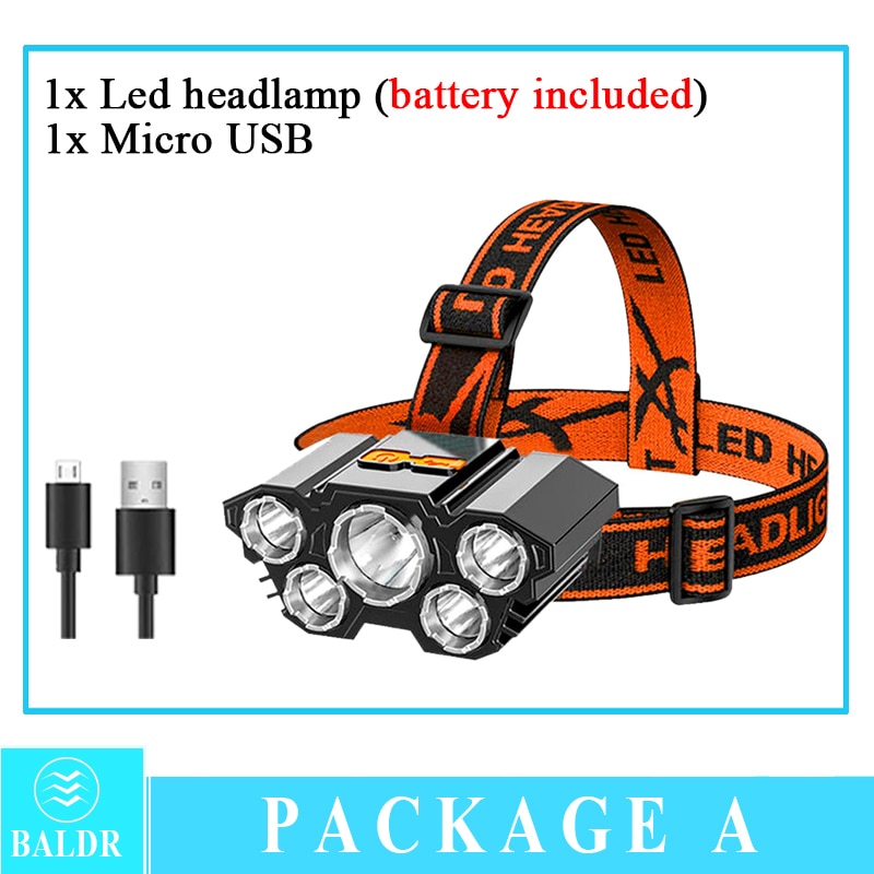 Linterna frontal recargable por USB, linterna frontal portátil de 5 LED, linterna con batería incorporada, luz de trabajo portátil, luz frontal para pesca y Camping