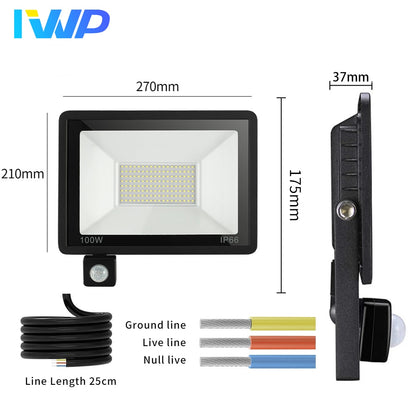 Sensor de movimiento PIR, luz LED de inundación, 220V, focos impermeables, 30W, 50W, 100W, lámpara de pared, Reflector, iluminación exterior para Garden Street