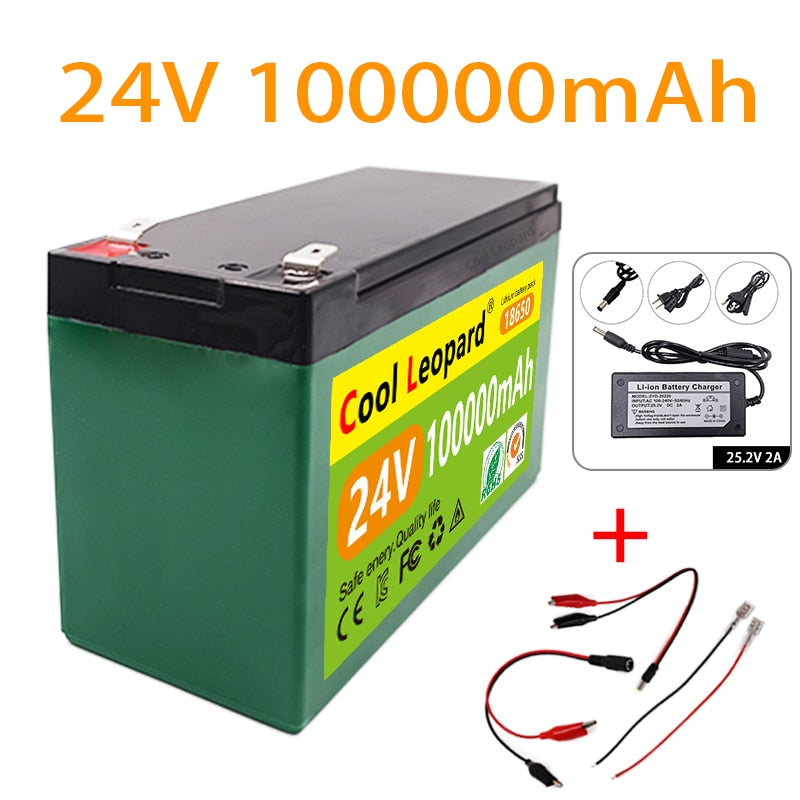 Cool Leopard nouvelle batterie au Lithium 24V 100AH ​​18650, pour onduleur solaire réverbère e-bike Scooter 25.2V 2A chargeur intégré BMS