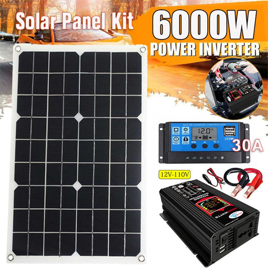 Solarstromerzeugungssystem, Dual-USB-18-W-Solarpanel, 6000-W-Wechselrichter mit intelligentem LCD-Display, Dual-USB-Ports-Controller-Set