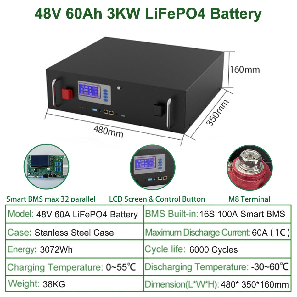 LiFePO4 48V 230Ah 200Ah 100Ah Paquete de batería 51.2V 12Kw 10Kw 6000 Cycle Max 32 Parallel PC Monitor Inversor Batería con CAN RS485