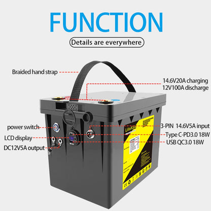 LiitoKala 12V 120Ah LiFePO4 Batteria 12,8 V Alimentazione per camper RV Carrello da golf Off-Road Off-grid Vento solare ， QC3.0 Uscita USB di tipo C