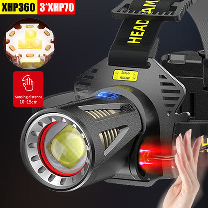 XHP360 36core Powerful Fishing Headlamp 7800mah Rechargeable Light 3*XHP70 Headlight Camping Hiking Waterproof Led Flashlights