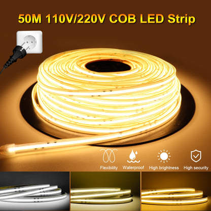 Super Bright Real 220V 110V COB LED Tape AC Power IP67 Waterproof FCOB LED Strip Light Bar 20m 10m 5m for Outdoor Garden Park