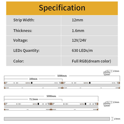 PAUTIX COB-LED-Streifen, pixeladressierbar, RGB, volle Traumfarbe, DC 12 V, 24 V, flexibel, 630 LEDs/m, intelligente LED-Bandleuchten für Raumdekoration