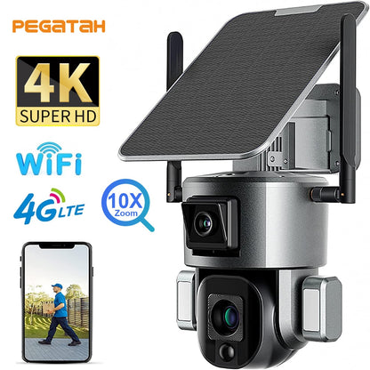 Câmera solar sem fio PEGATAH 8MP 4G - 4K WiFi Lente dupla 10X Painel solar Detecção humana PTZ Câmeras de segurança IP à prova d'água