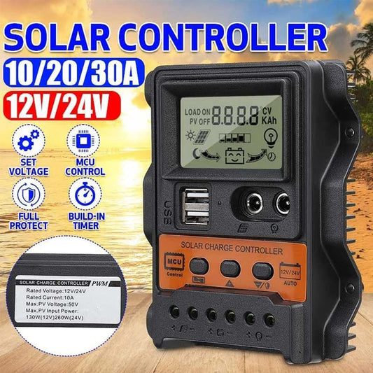 Controlador solar 30A 20A 10A Regulador solar 12V/24V PWM Carregador de bateria Auto LCD Regulador solar com saída dupla USB 5V