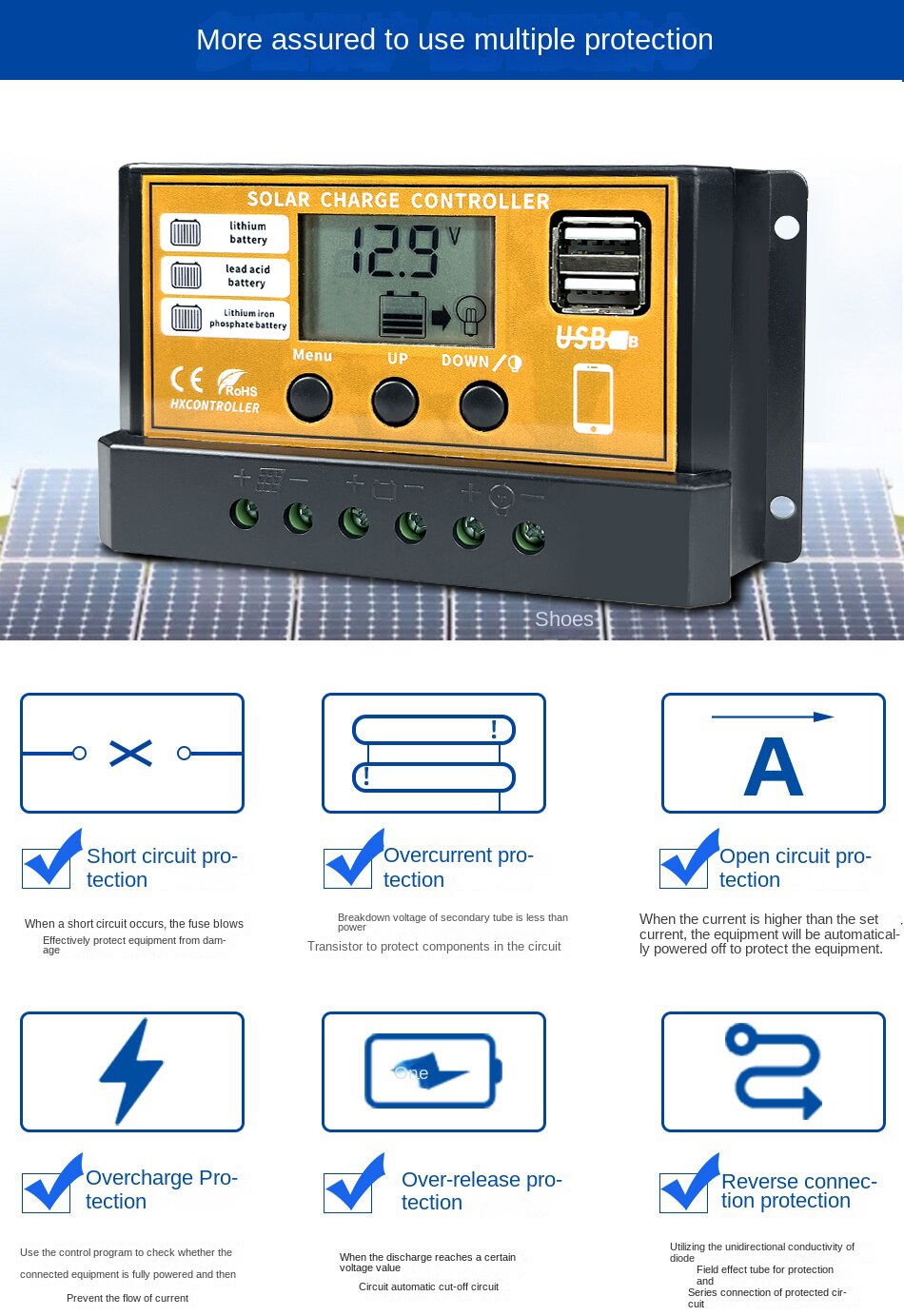 Contrôleur de Charge solaire MPPT 720W 480W 360W 240W 10A 20A 30A PWM régulateur de panneau solaire pour batterie 12V 24V Lifepo4 Lithium GEL