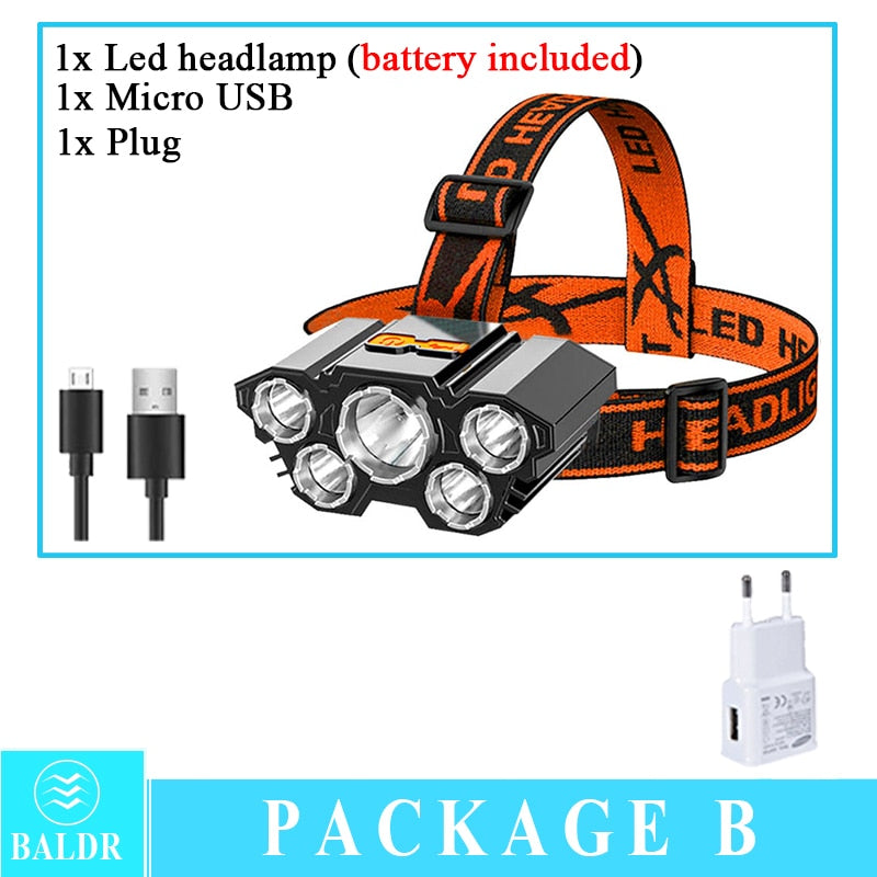 Linterna frontal recargable por USB, linterna frontal portátil de 5 LED, linterna con batería incorporada, luz de trabajo portátil, luz frontal para pesca y Camping