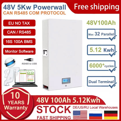 Powerwall 48V 100Ah 200Ah LiFePO4 Battery - 6000 Cycles 5Kw 10KW 16S 51.2V BMS RS485 CAN BUS PC Monitor For Off/On-Grid PV System