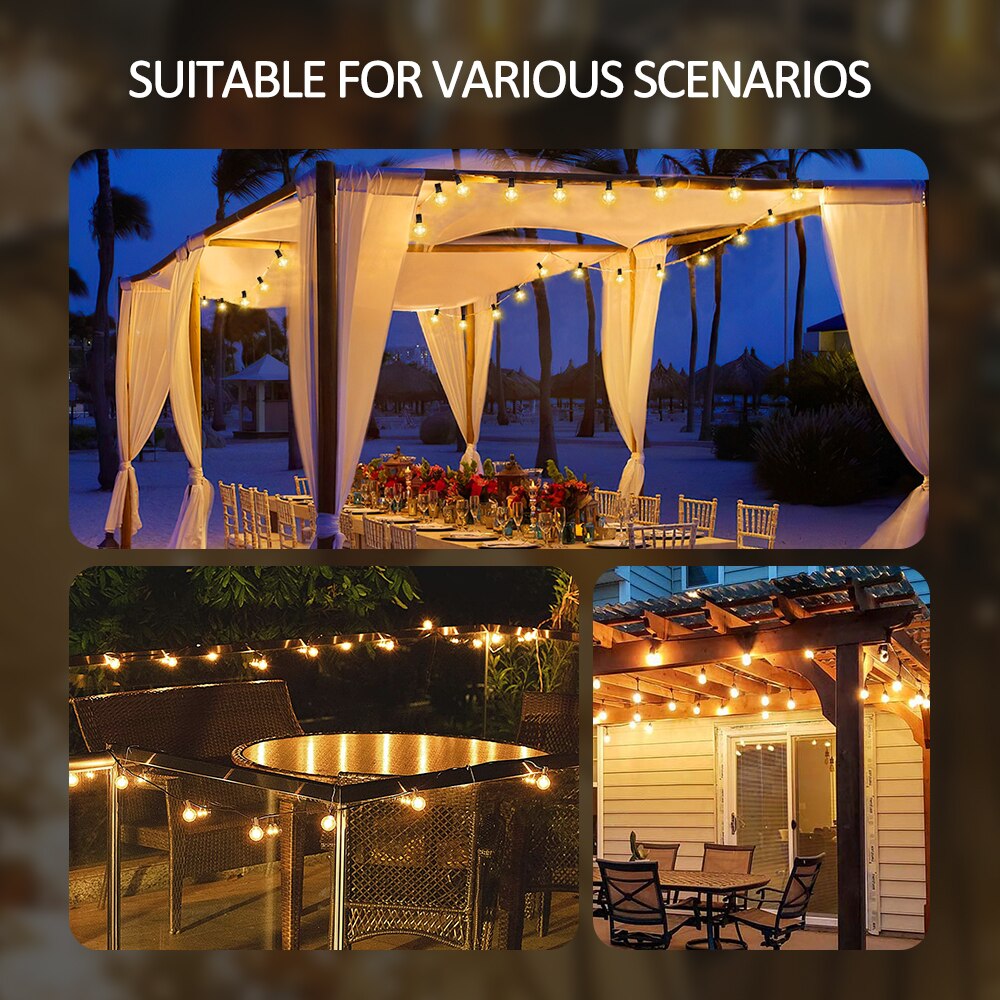 Guirlande lumineuse solaire extérieure G40 Patio Lights avec ampoules LED incassables, lampes suspendues résistantes aux intempéries pour le bistro de l'arrière-cour