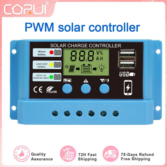 PWM 10A 20A 30A Controlador de carga solar 12V 24V Regulador fotovoltaico com display LCD Carregamento USB duplo com display LCD de tela grande