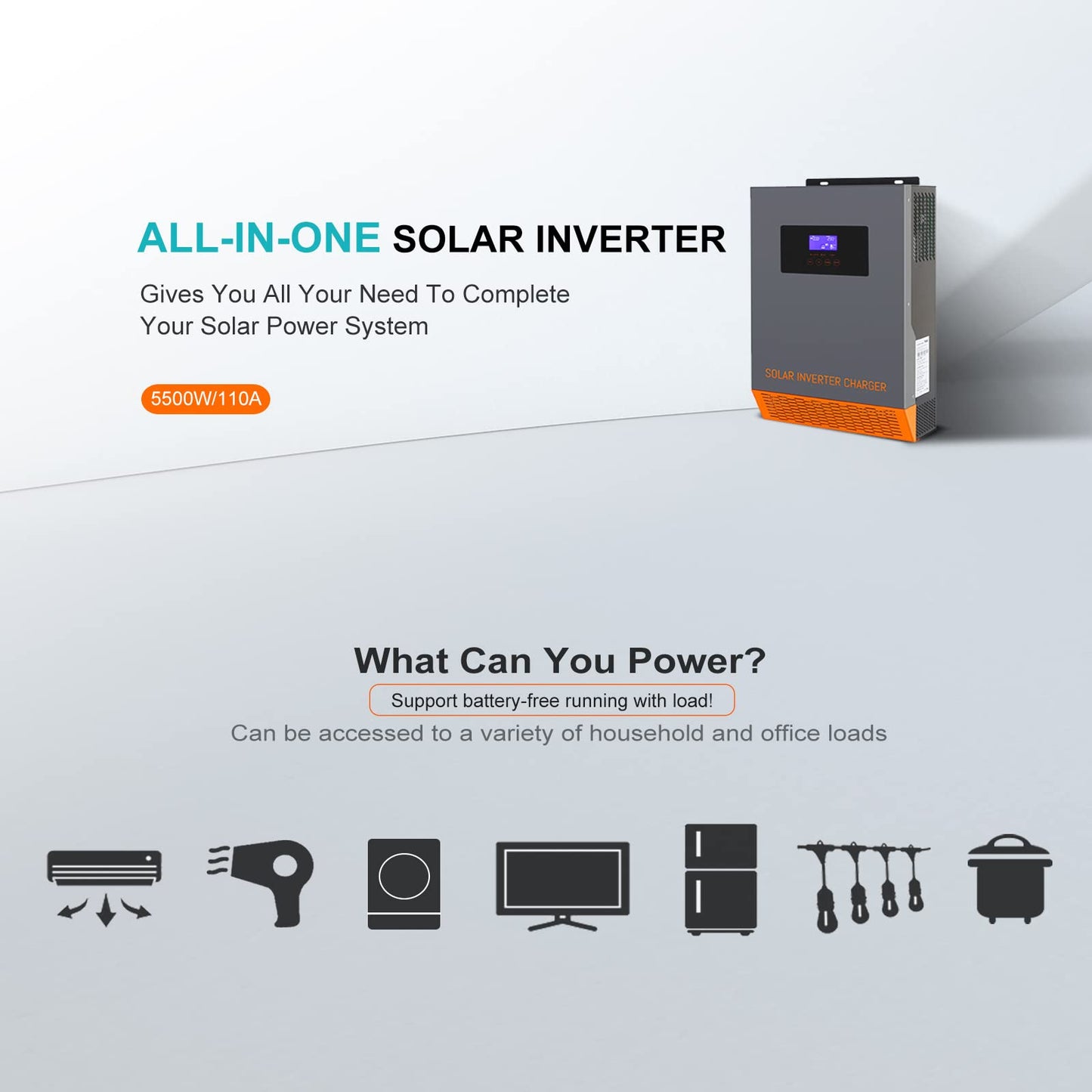 Inverter solare ibrido PowMr MPPT 5.5KW&3.5KW 48V/24V 230VAC Inverter sinusoidale puro con caricabatteria 110A Funziona per pannelli solari