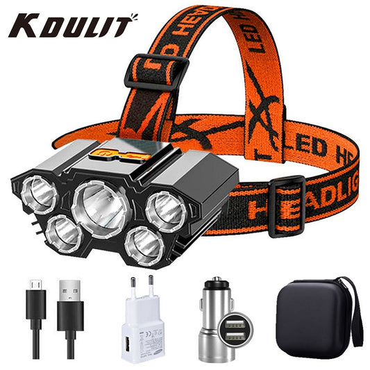 USB wiederaufladbare Stirnlampe, tragbar, 5 LED-Scheinwerfer, eingebaute Batterie, Taschenlampe, tragbares Arbeitslicht, Angeln, Camping, Stirnlampe