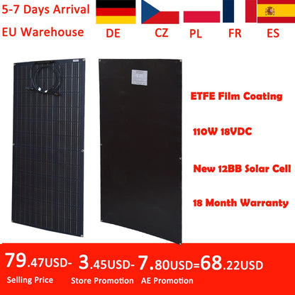 Jingyang Solar Panel 300w 330W 400w 440W 200w 100w 110W ETFE Flexible Monocrystalline Solar Cell 1000w 12V Battery Charger