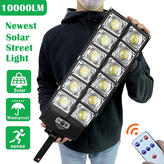 Las luces de calle solares más nuevas de 10000LM con sensor de movimiento de control remoto Lámpara LED solar para exteriores IP65 a prueba de agua para garaje de jardín