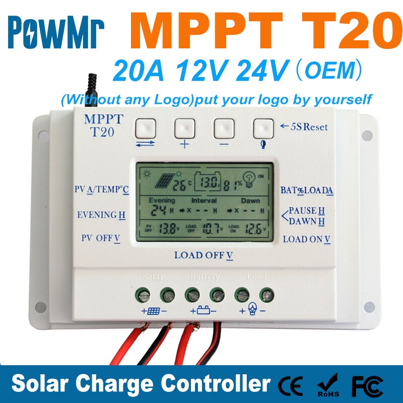 PowMr MPPT T20 contrôleur de Charge solaire 12V 24V Auto MPPT + PWM 20A 260W affichage LCD panneau solaire régulateur de batterie Max PV 48V OEM