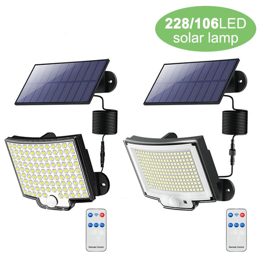 Luzes solares LED 106/228 Lâmpada de parede com sensor de movimento PIR externo IP65 à prova d'água com controle remoto para iluminação de jardim