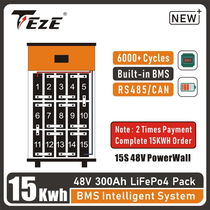 Pago a plazos 48V 15KWh 300Ah LifePo4 Batería PowerWall Almacenamiento en el hogar Batteri Sistema BMS incorporado Bateria Energía de respaldo solar
