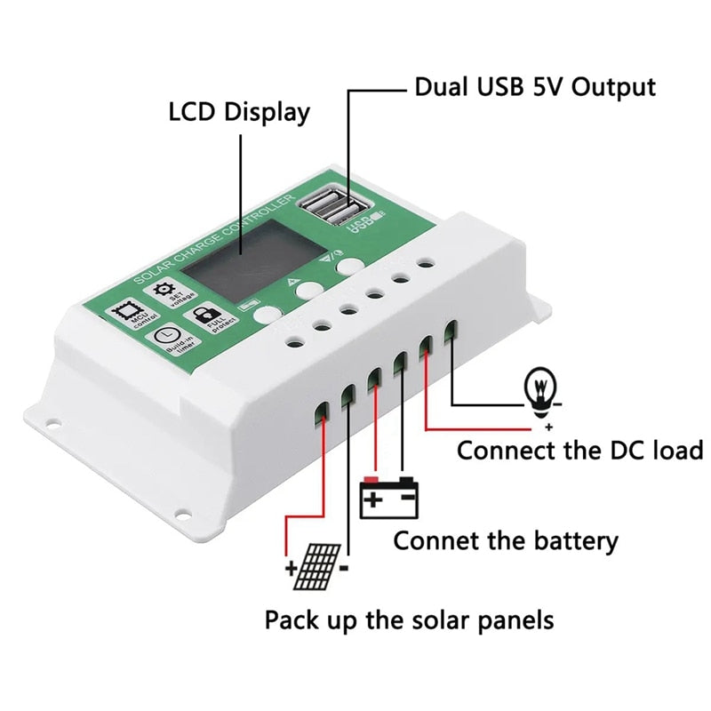 Controlador de carga solar PWM 10A 20A 30A 12V 24V Regulador fotovoltaico com display LCD para controladores de painel solar de 100W 200W 300W