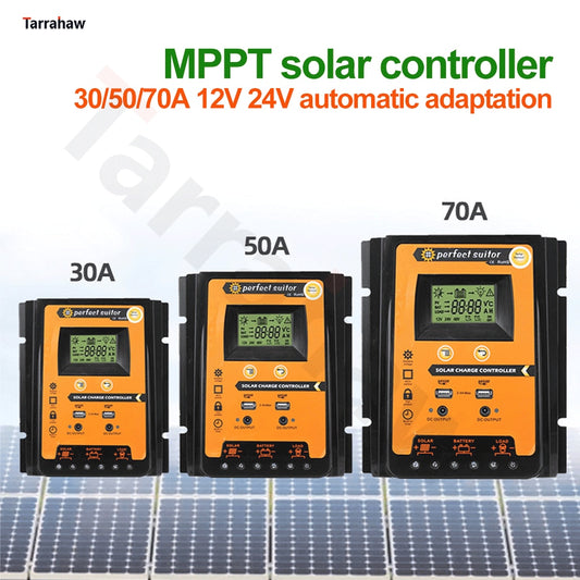 Controlador de carga solar MPPT 12V 24V 30A 50A 70A Controlador de célula fotovoltaica Painel solar Regulador de bateria 2 USB 5V Display LCD