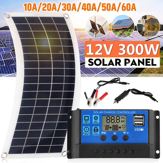 Kit pannello solare portatile 300W Interfaccia di ricarica USB 12V Scheda solare con controller Celle solari impermeabili per telefono RV Car